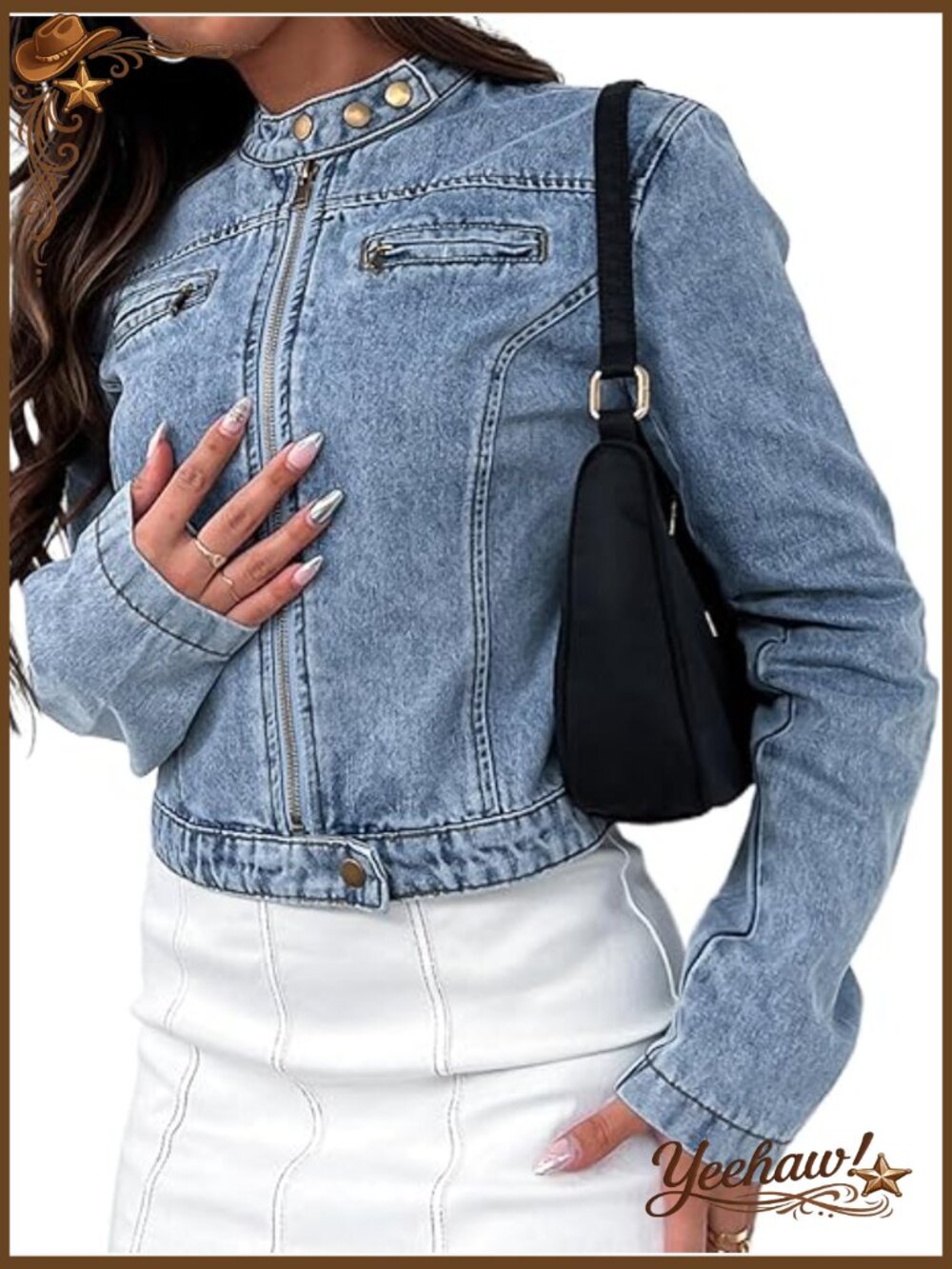 Stretchy Cropped Denim Jacket Zip Front Motorcycle Style Light Wash